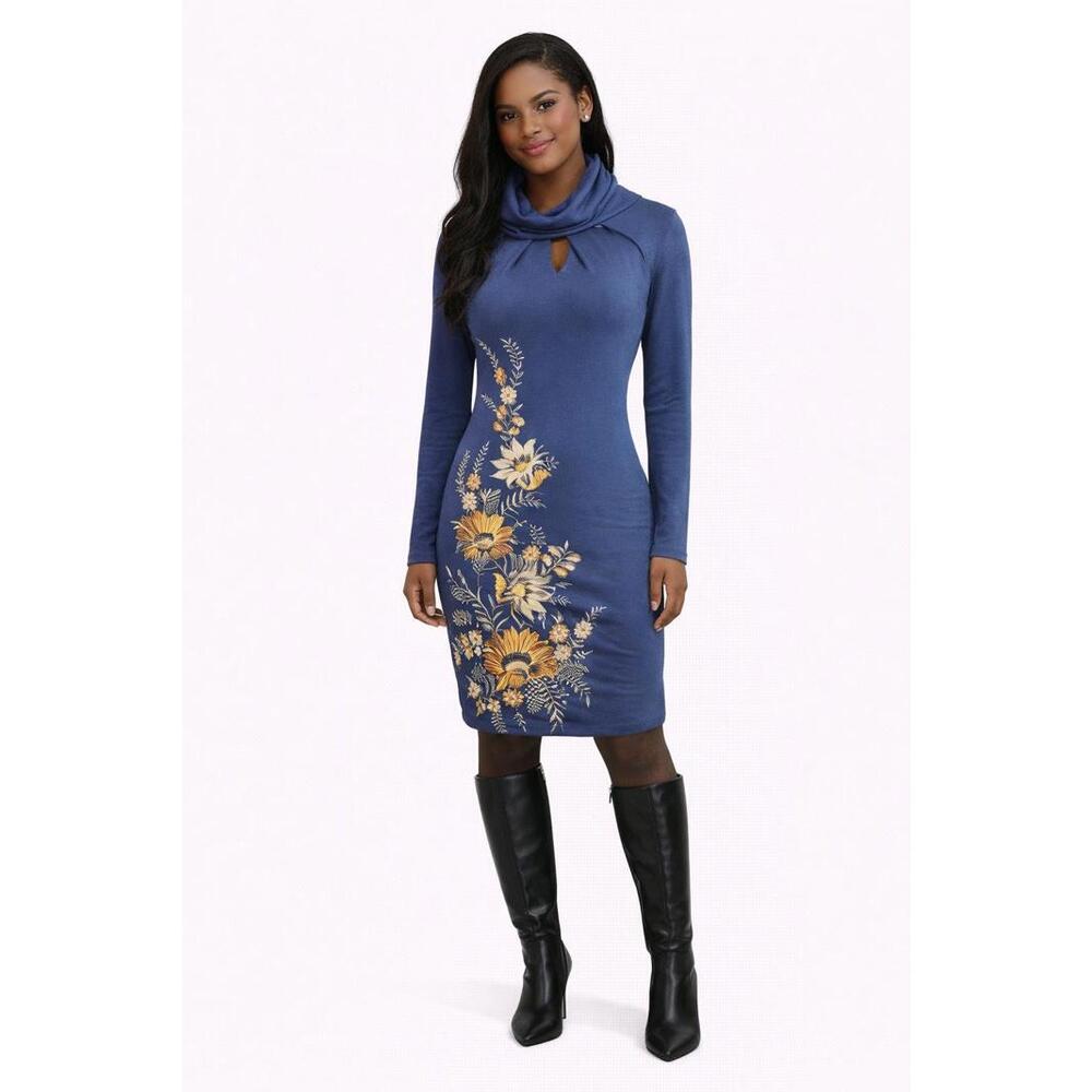 Floral Embroidered Cowl Neck Keyhole Sheath Dress Blue Long Sleeve Knee Length